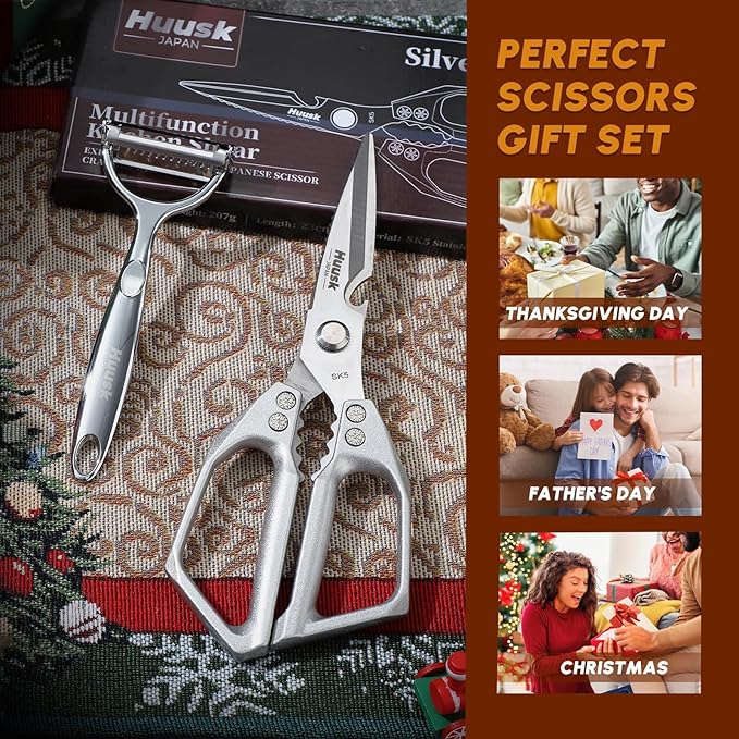HUUSK Kitchen Scissors and Vegetable Peeler Set - Silver Stainless Steel Cooking Kitchen Shears for Food with Serrated Peeler, Heavy Duty Japanese Dishwasher Safe Meat Scissors, Gift for Men