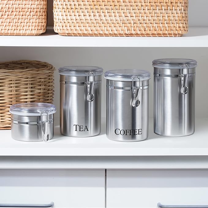 Oggi Stainless Steel Tea Canister 62 fl oz - Airtight Clamp Lid, Clear See-Thru Top - Ideal for Tea Bag, Loose Tea, Kitchen Storage, Pantry Storage. Large Size 5" x 7.5".