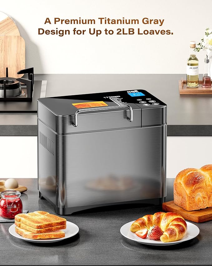 KBS Premium 2LB Convection Bread Maker Dual Heaters, 710W Stainless Steel 17-in-1 Bread Machine Healthy Ceramic Pan, Nut Dispenser,Touch Panel, 3 Loaf Sizes 3 Crust Colors, 15H Timer,Low Noise,Recipes