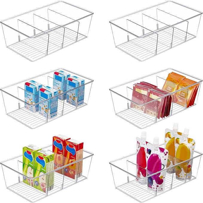 Vtopmart 6 Pack Food Storage Organizer Bins, Clear Plastic Bins for Pantry, Kitchen, Fridge, Cabinet Organization and Storage, 4 Compartment Holder Packets, Snacks, Pouches, Spice Packets