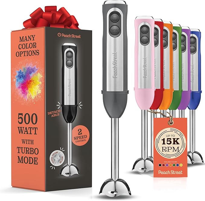 Powerful Immersion Blender, Electric Hand Blender 500 Watt with Turbo Mode, Detachable Base. Handheld Kitchen Blender Stick for Soup, Smoothie, Puree, Baby Food, 304 Stainless Steel Blades (Grey)