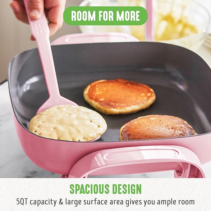 GreenLife12" 5QT Square Electric Skillet, Glass Vented Lid, Ceramic PFAS-Free Nonstick Coated Interior, Adjustable Temperature Control, Cool Touch Handles, Quick Even Heating, Scratch Resistant, Pink