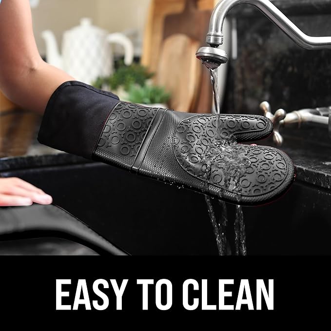 BPA-Free Silicone Oven Mitts Ultra Heat Resistant up to 500°F - Oven Mitts with Thick Cotton Liner - Long Slip Resistant Pot Holders, Flexible Oven Gloves - Black 14.7