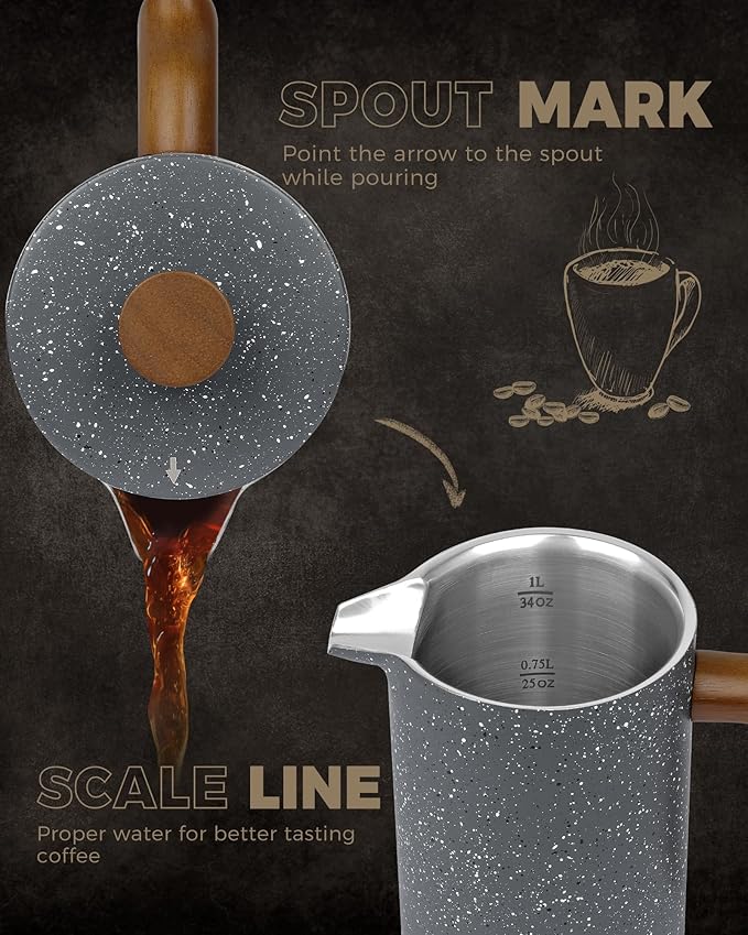 POLIVIAR French Press Coffee Maker, 34 Ounce Coffee Press with Real Wood Handle, Double Wall Insulation & Dual-Filter Screen, Food Grade Stainless Steel for Good Coffee and Tea (Lava)
