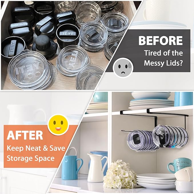 2 Pack Tumbler Lid Organizer, Horizontal Tumbler Lid Storage Hook Up to 20 Lids, Space Saving Cup Lid Holder Under Cabinet Tumbler Lid Hook for Kitchen Organizer, Paper Towel Hanger(Round&Flat, Black)