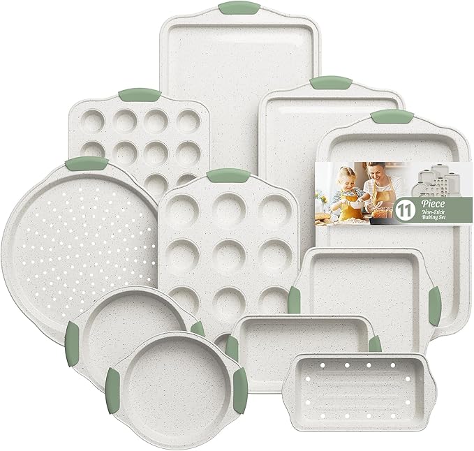 11-Piece Non-Toxic Baking Set, Stackable Nonstick Cookware with Heat-Resistant Handles - Includes Cookie Tray, Round Cake Pan, Muffin Cups, Pizza Pan & Loaf Baker, White&Light Green