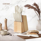 CAROTE 15Piece Knife Set, Kitchen Knife Block Set, Elegant White Ceramic-Coated Blades with Stylish Wooden Block for Modern Culinary Excellence