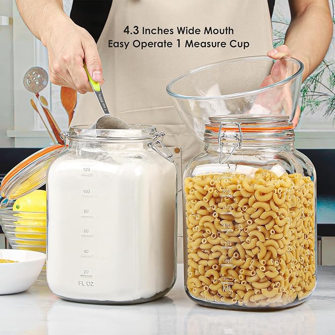 [UPGRADE] 2 Pack Square Super Wide Mouth Airtight Glass Storage Jars with Lids, 1.1 Gallon Glass Container with 2 Measurement Marks, Canning Jars with Leak-proof Lid for Kitchen (Spare Gasket)