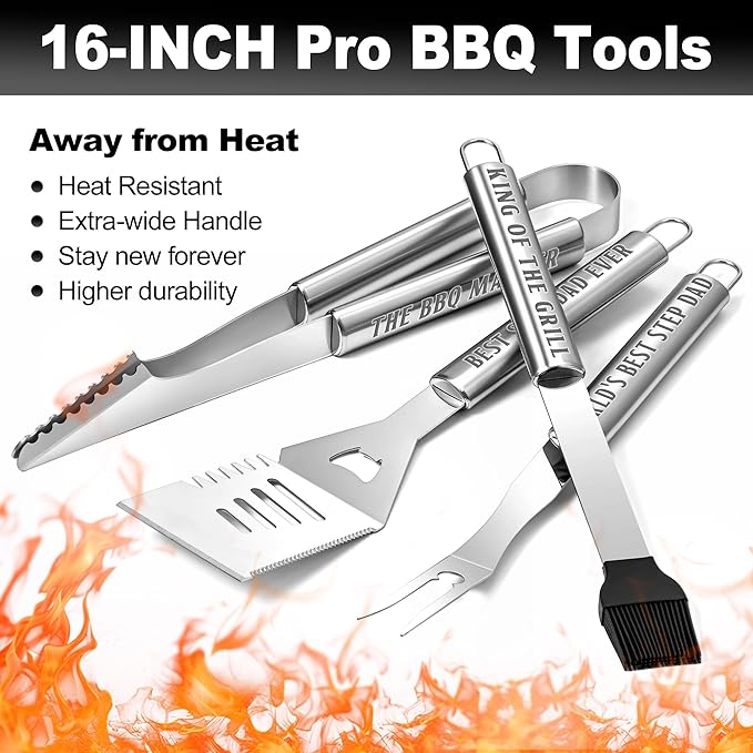 Step Dad Gifts, Gift for Stepdad from Step Daughter on Christmas Grilling Accessories, Heavy Duty Stainless Steel Grill Set BBQ Grill Tools for Outdoor Grill with Aluminum Case, Camping Grill Utensils