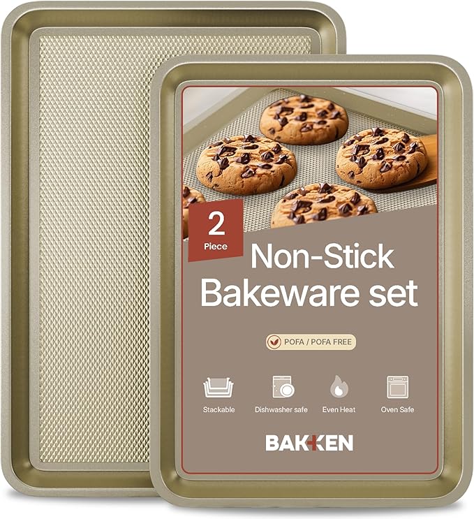Diamond Bottom Cookie Sheet Set of 2, Nonstick Gold Carbon Steel Baking Pans for Crisp Baking, Space-Saving Stackable Trays, PFOA, PFOS, PTFE Free, Oven Safe Up to 450°F, Small & Medium Pans