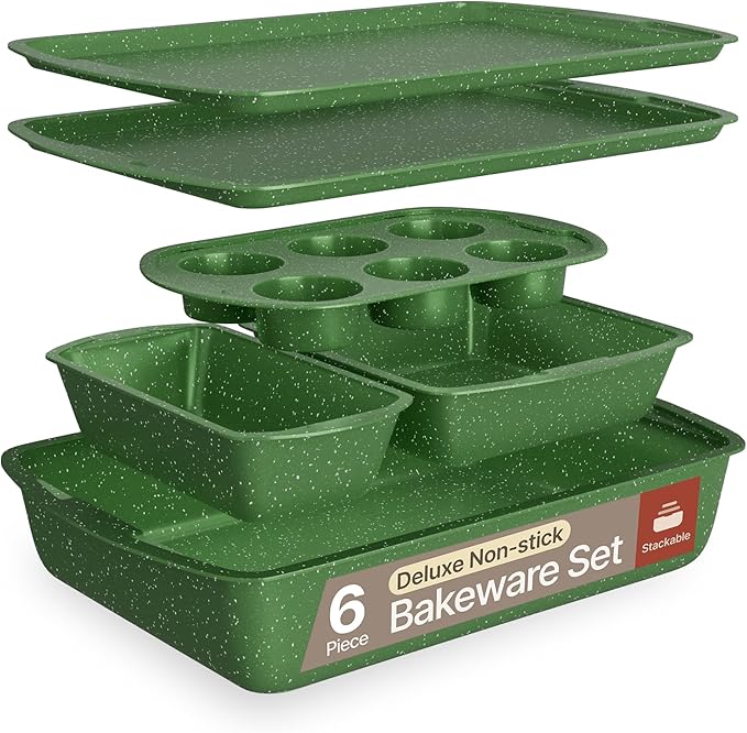 BAKKEN Kitchen Baking Pan Set - Nonstick Green Marble Coating, Commercial Grade Carbon Steel Bakeware Sets, Baking Kitchen Essentials, PFOA, PFOS, PTFE Free, Oven Safe Tray (Up To 450° F), Set of 6