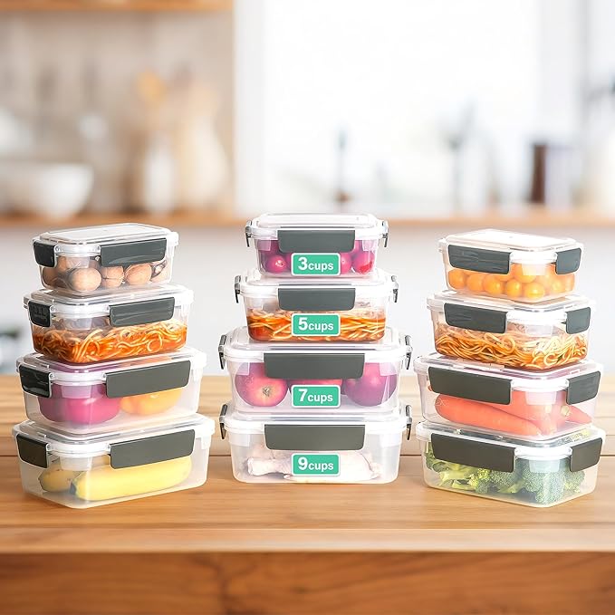 YORY 5 cup Plastic Food Storage Containers with Lids Nestable Freezer Dishwasher Safe Rectangle Meal Prep Container Set,5-Pack