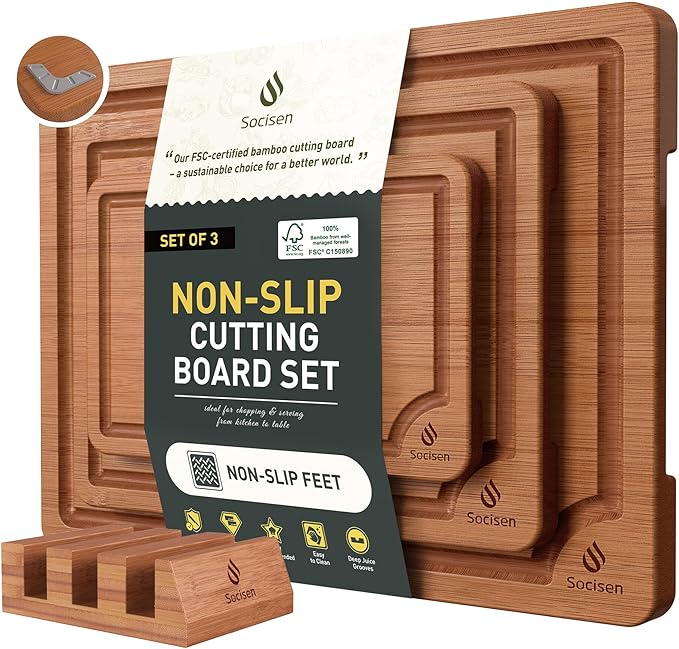 3 Packs Bamboo Cutting Board Set with Non Slip Feet Holder and Over Sink Nice Solid Thick Wood Juice Groove Chopping Board Extra Large Big Small Best Hardwood Kitchen Organic Vegetable Meat BBQ Kit