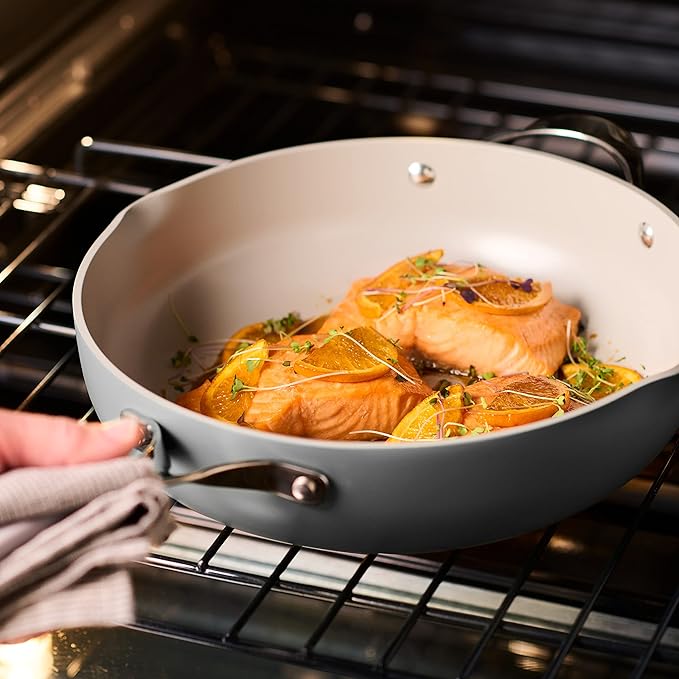 Tramontina All-in-One Plus Pan Set, 5-Quart Ceramic Non Stick Cooking Pan with Lid, Steamer Insert, Bamboo Utensil and Trivet, Pink