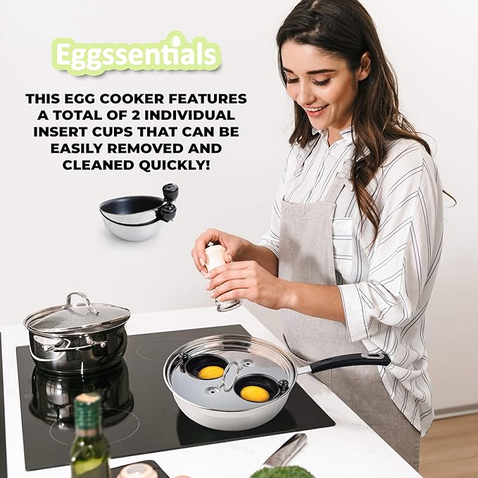 Eggssentials Egg Poacher Pan Nonstick Coating - Poached Egg Cooker, Stainless Steel Egg Poaching Pan PFOA Free with Spatula, Poached Egg Maker, Egg Poachers Cookware