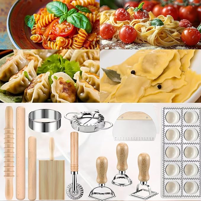 14 Pieces Pasta Making Tools Set, Ravioli Mold Set, Ravioli Maker with Roller Wheel, Ravioli Cutter Set with Wooden Handle, Pasta Making Kit for Ravioli Press Mold. Suitable for Home and Beginners