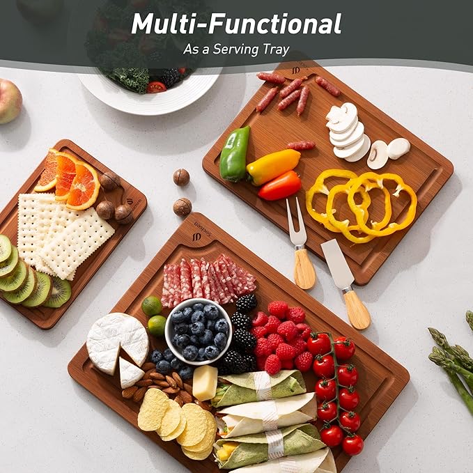 3 Packs Bamboo Cutting Board Set with Non Slip Feet and Over Sink Nice Solid Thick Wood Juice Groove Chopping Board Extra Large Big Small Best Hardwood Counter Organic Vegetable Kitchen Gadgets