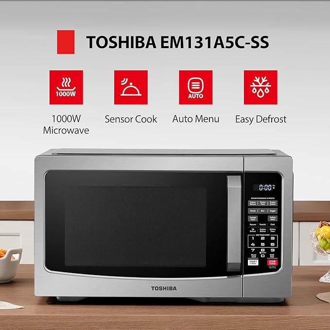 TOSHIBA EM131A5C-SS Countertop Microwave Ovens 1.2 Cu Ft with 12.4" Removable Turntable Smart Humidity Sensor, 12 Auto Menus Mute Function ECO Mode Easy Clean Interior, 1000W, Silver