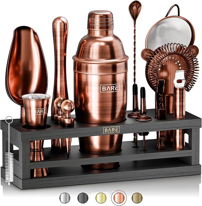 BARE BARREL® Mixology Bartender Kit Bar Set | 16-Piece Cocktail Shaker Set | Martini Barware Mixing Tools for Home Bartending | Incl. 35 Recipe Cards | Gift Set (24oz Cobbler Shaker, Copper/Black)