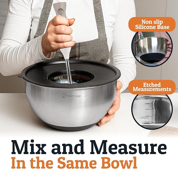 Priority Chef Stainless Steel Mixing Bowls with Lids Set, 3 Grater Attachments, Airtight Lids, Non-Slip Silicone Base Mixing Bowl Set, Large Prep Metal Mixing Bowls for Kitchen, Black