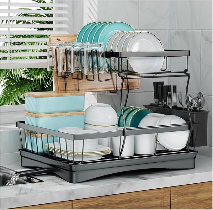 7 code Large Dish Drying Rack for Kitchen Counter, Detachable Large Capacity Dish Drainer Organizer, 2-Tier Dish Racks with Utensil Holder, Black