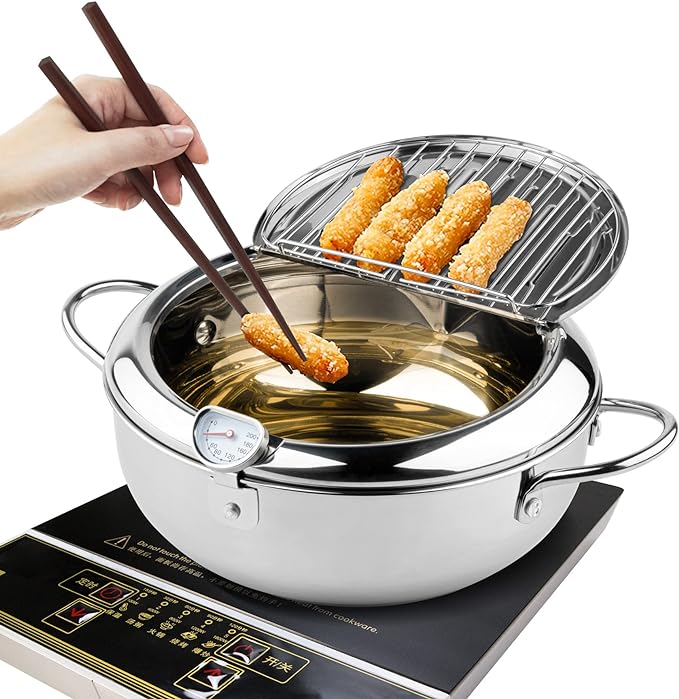 Kerilyn Deep Fryer Pot, 11 Inch/4.2 L Janpanese Style Tempura Frying Pot with Lid, 304 Stainless Steel with Temperature Control and Oil Drip Drainer Rack, for Kitchen French Fries, Chicken etc