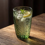 Green Drinking Glasses Set of 4, 12 oz Hand-Pressed Vintage Drinking Glasses, Deep Textured Antique Glassware, Fern Embossed Highball Tumblers, Colored Boho Glass Cups, Retro Style Drinkware Gift Set
