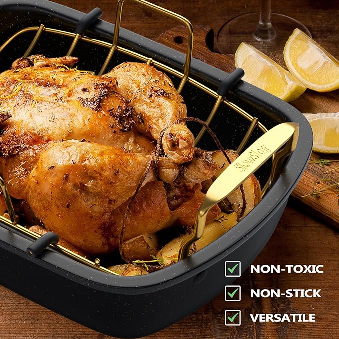 Roasting Pan, 17 Inch x 13 Inch Roaster with Removable Rack, Nonstick Roaster Pan for Roasting Turkey, Meat & Vegetables (Gold)