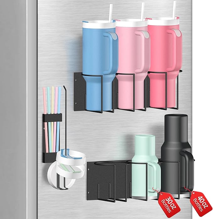 Magnetic Cup Holder for Fridge - Tumbler Organizer for Stanley 20/30/40 oz, Stanley Cup Holder with Lid & Straw Holders, Water Bottle Organizer Stanleys Cup Accessories Storage for Kitchen Fridge