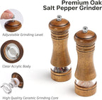 Wooden Salt and Pepper Grinder Set, Premium Oak Wood Salt Grinders Shakers, Pepper Mill with Acrylic Clear Window, Adjustable Ceramic Grinder - 6 inches, 2 Pack