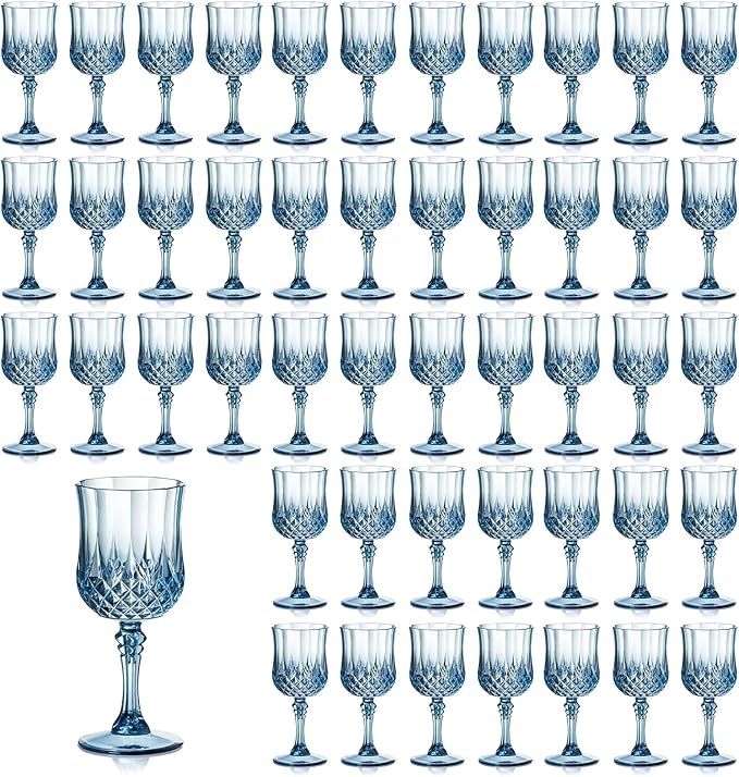 XUWAIDSGN 7oz Plastic Vintage Wine Glasses Drinking Glasses Unbreakable Wedding Glassware Crystal Water Goblets Reusable Drinkware Vintage Champagne Flutes (48, Blue)
