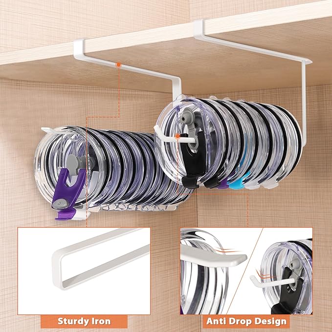 2 Pack Tumbler Lid Organizer, Horizontal Tumbler Lid Storage Hook Up to 20 Lids, Space Saving Cup Lid Holder Under Cabinet Tumbler Lid Hook for Kitchen Organizer, Paper Towel Hanger(Round&Flat, White)