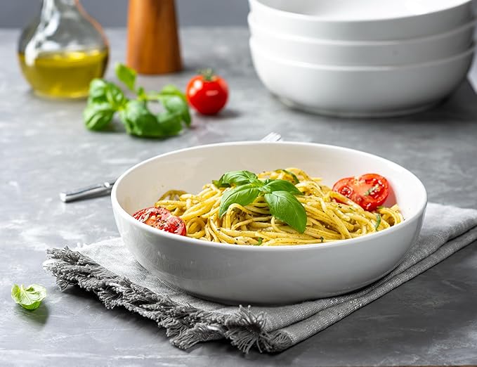 KooK Pasta Bowl, Salad Bowls, Bowls, Serving Bowls, Soup, Ceramic, Large Capacity, Microwave & Dishwasher Safe, Set of 4, 40 Oz, (White)