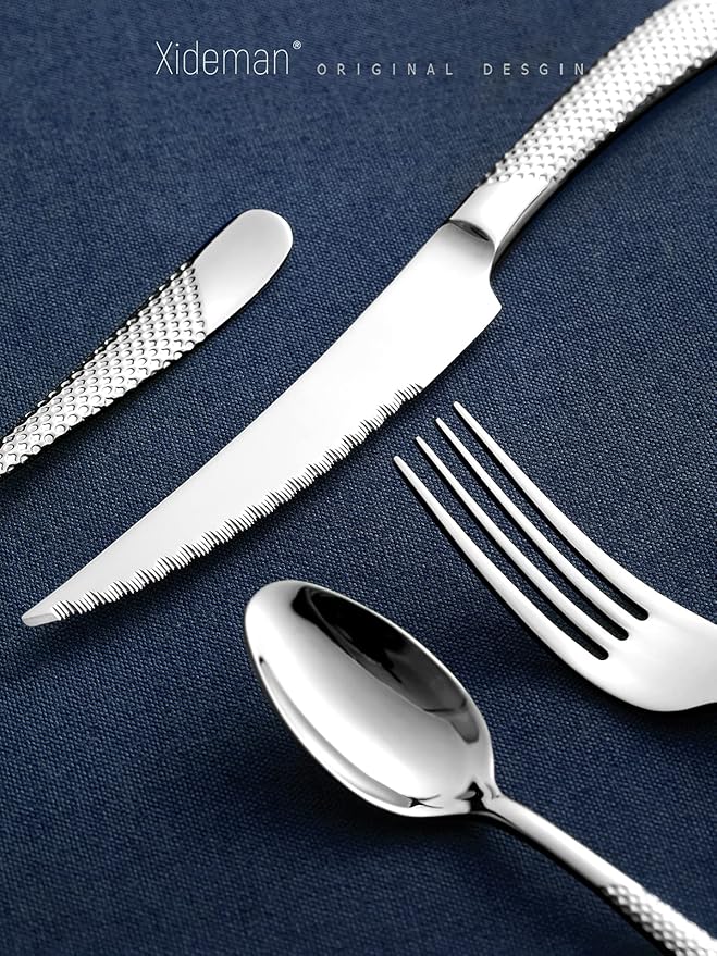 16-Piece Modern Hammered Cutlery Set with Ultra Sharp 2-in-1 Serrated Knife, 18/10 Stainless Steel Silverware Flatware Set Service for 4, Tableware Utensil, Forks Spoons Knives Set