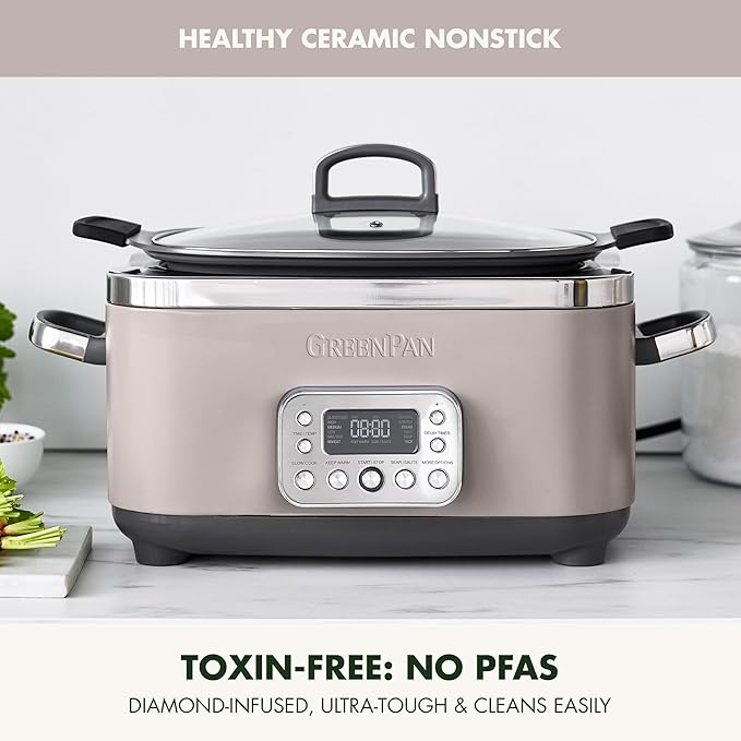 GreenPan Elite 14-in-1 Programmable 6QT Electric Slow Cooker, Dishwasher Safe Lid & Removable Crock, PFAS-Free Healthy Ceramic Nonstick Multi-Cooker, Sear, Sauté, Brown, Steam Basket, Roast, Clay