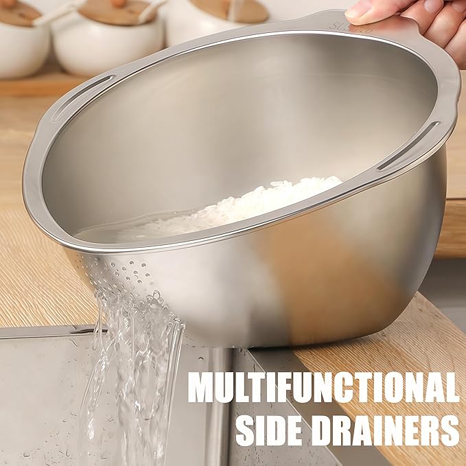 Rice Washer Strainer Bowl Quinoa Washing Bowl Stainless Steel Colander Versatile Side Drainers for Cleaning Rinsing Fruits, Vegetables, and Beans - Multifunctional Drain Basket