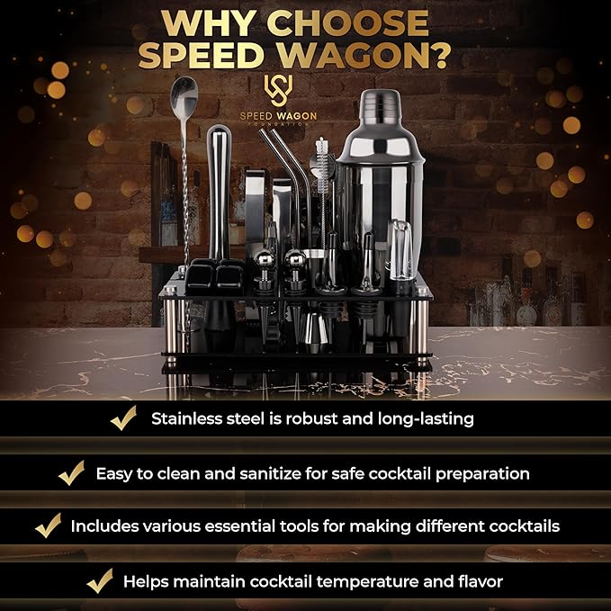 Mixology Bartender Kit – 24 Piece Gun Metal Cocktail Shaker Set w/Stand – Essential Home Bar Accessories Martini Shaker, Jigger, Muddler, Chilling Cubes & More