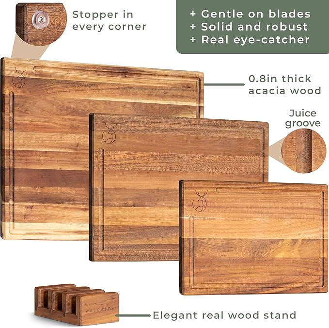 WALDWERK Cutting Board Set (15.75 x 12/13 x 9.5/10 x 7 in) out of Solid Acacia Wood - 0,8 in Thick Cutting Boards for Kitchen - Wood Cutting Boards - Wooden Chopping Boards for Kitchen