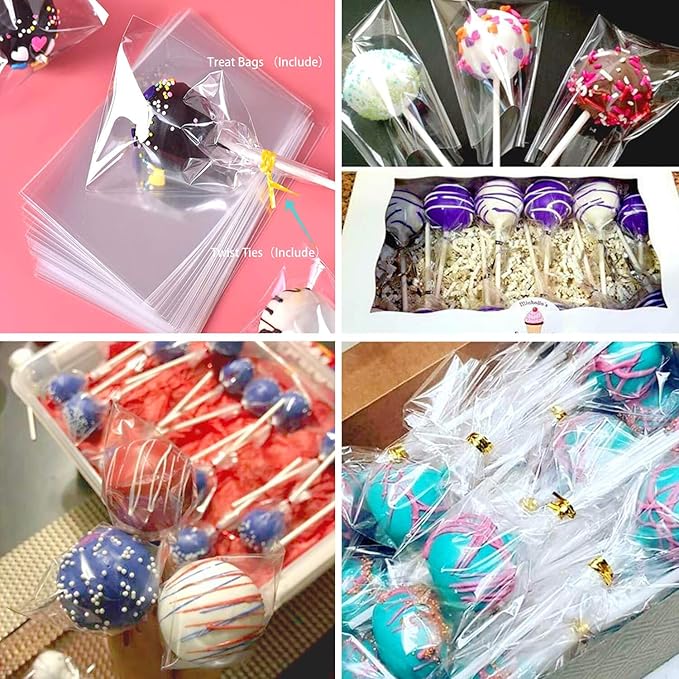 900-PCS Cake Pop Sticks and Wrappers Kit, Including 300pcs 6-inch Paper Lollipop Sticks, 300pcs Parcel Bags, 300pcs Gold Twist Ties for Lollipop, Hard Candy, Chocolate, Marshmallows, and Fruit Skewers