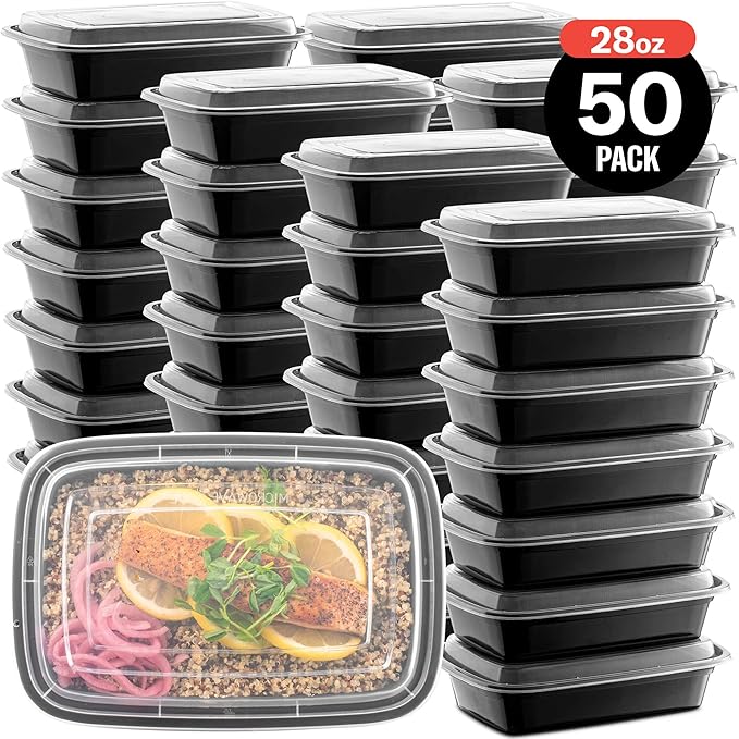 50-Pack Reusable Meal Prep Containers Microwave Safe Food Storage Containers with Lids, 28 oz - 1 Compartment Take Out Disposable Plastic Bento Lunch Box To Go, BPA Free - Dishwasher & Freezer Safe