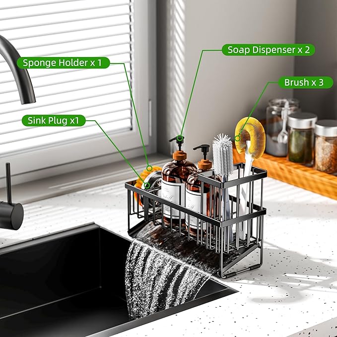 Cisily Extra Large Kitchen Sink Caddy Organzier with High Brush Holder, Sponge Holder for Sink, 304 Rustproof Stainless, Kitchen Countertop Soap Dispenser Organizer For Decor and Accessories