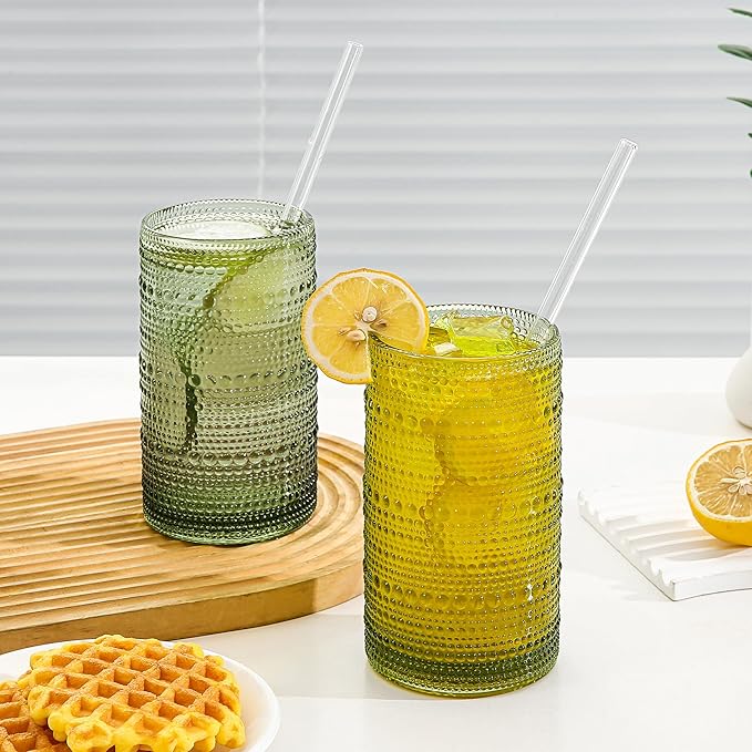 Vintage Glassware Drinking Glasses Set of 6,16oz Hobnail Glass Cups,Embossed Green Water Tumbler,for Cocktail, Juice, Whiskey, Milk and Various Mixed Drinks