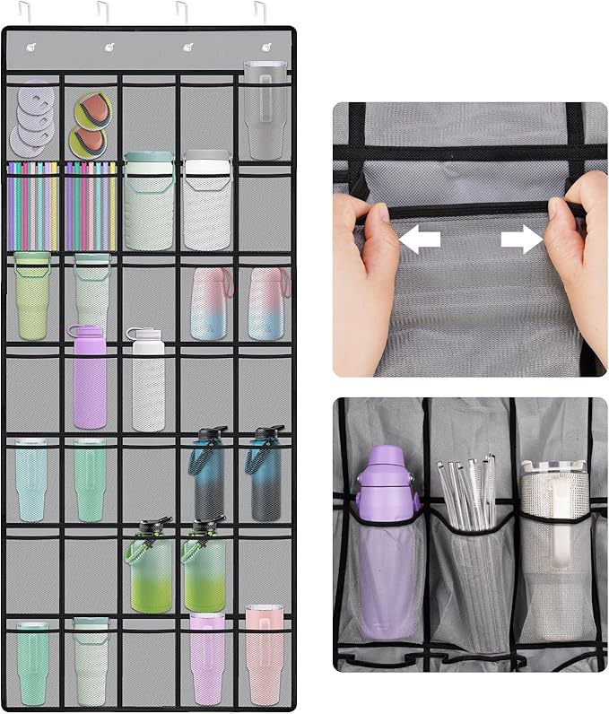 NiHome Multi-Functional 35 Pockets Door Hanging Organizer for Stanley Tumbler in Kitchen, Pantry, Bathroom, Large Capacity Elastic Mesh Secure Storage Water Bottle Cup Holder, Foldable for Home (Gray)