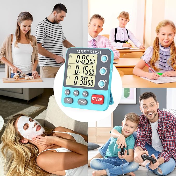 Digital Dual Kitchen Timer, 3 Channels Countdown Triple Timer for Cooking, Magnetic Memory-Preset Large-Display Adjustable Alarm Volume, Multi Times Management, 3A Battery Included, Blue