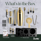 Barillio Gold Bartender Kit - Stainless-Steel Cocktail Shaker Set w/Black Bamboo Stand - Mixology Bar Tools w/Drink Shaker, Mixer, and Muddler for Cocktails - Home Bar Accessories - 23-Pc Bar Set