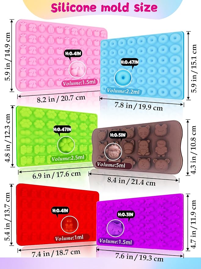 117Pcs Silicone Gummy Bear Molds Kit with 100 Wrappers, 5 Recipe Cards, 4 Droppers & 2 Brushes,Non-Stick Candy Mold for DIY Chocolate, Gummy Bears, Party Favors (Dinosaur, Bear, Fruits, Donut Shapes)