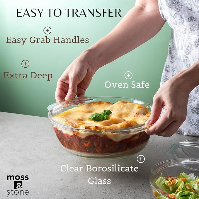 Moss & Stone 6-Piece Clear Glass Casserole Dishes for Oven With Lids, Durable Tempered Borosilicate Glass Bakeware Set, Microwave Safe, 3 Round Sizes for Cooking, Serving & Storage