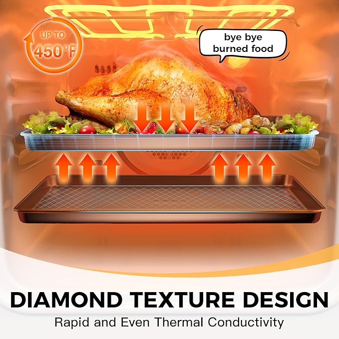 HONGBAKE 9-Piece Baking Pans Set Nonstick, Stackable Non Toxic Bakeware Sets with Diamond Texture, Oven Pan Set for Cooking, Includes Cookie Sheet with Rack, Cake Pan, Roasting Pan, Muffin Tin, Gold