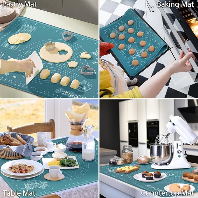 Silicone Pastry Mat 24" x 16" Extra Thick Non Stick Baking Mat with Measurements and Edge Heightening, Food Grade Silicone Rolling Mat for Pastry, Bread, Cookies, Pizza, Fondant, Pasta