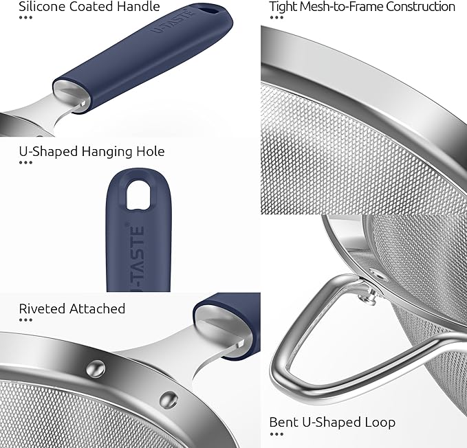 U-Taste Medium Fine Mesh Strainer: 18/8 Stainless Steel 4.73in 30 Mesh Kitchen Food Sieve with Sturdy Riveted Silicone Handle, Heavy Duty Deep Handheld Metal Colander for Rice, Quinoa(Midnight Blue)